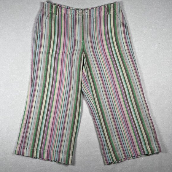 Talbots Linen Capri Womens 4 Vertical Rainbow Stripe Wide Leg Button Beach Pants - Picture 1 of 15